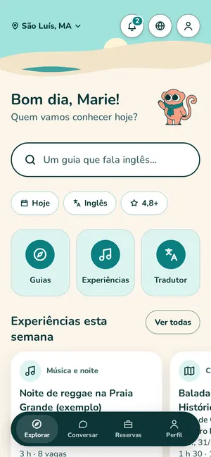Tela inicial do app GuiAmigo, com busca de guias e experiências da semana